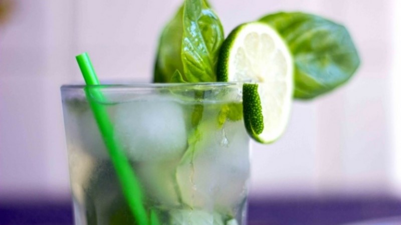 Basil aperitif with shrimp and cucumber sandwiches