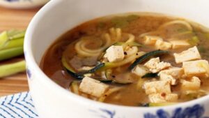 Miso soup with Kukicha Green Tea, ginger and tofu